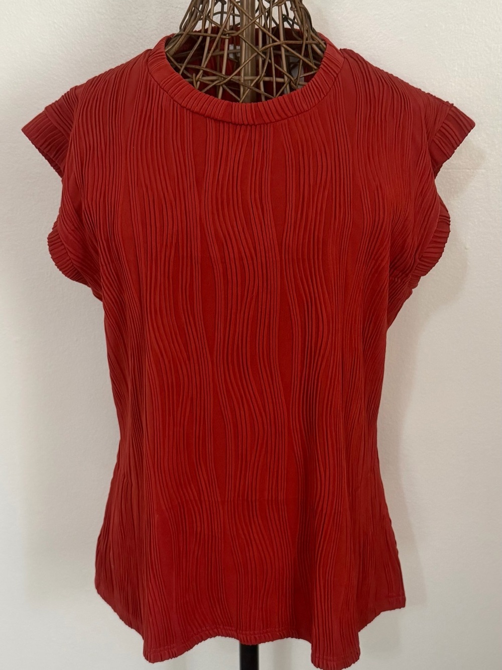 Wavy Textured Short-Sleeve Top in Rust Red